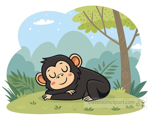 Sleeping chimpanzee clipart curled on grass near a tree with leafy jungle plants and soft green scenery
