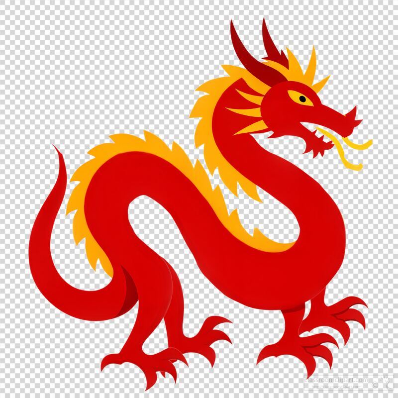 A vibrant red Chinese dragon is illustrated against a white background. The dragon features golden accents and poses in a curled position, symbolizing strength and fortune in Chinese culture.