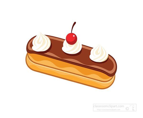 delicious chocolate eclair topped with three whipped cream swirls and a cherry on top in a flat vector style