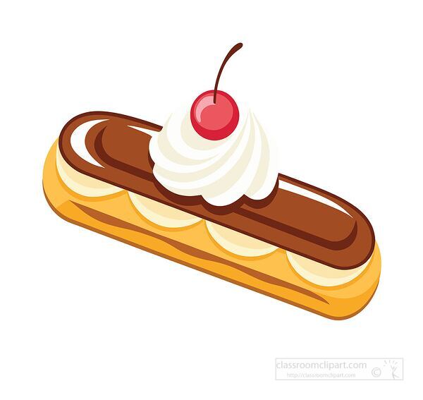 chocolate glazed eclair decorated with a swirl of whipped cream and a red cherry in a clean vector style