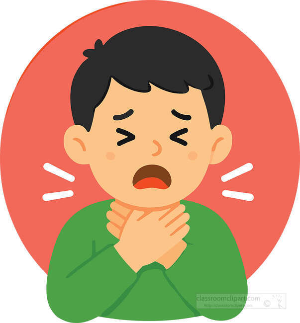 Boy holding his throat with eyes closed and mouth open on a red circle background
