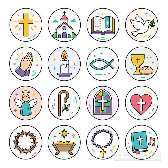Christian symbol round icon set with cross church Bible dove praying hands candle fish chalice angel rosary and hymn book