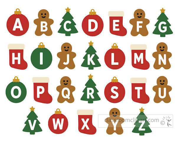 Christmas alphabet with letters on ornaments gingerbread trees stockings and holiday shapes