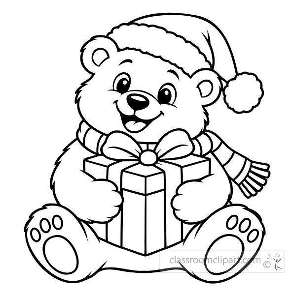 Black and white coloring page of a smiling Christmas bear wearing a Santa hat and scarf while holding a wrapped gift