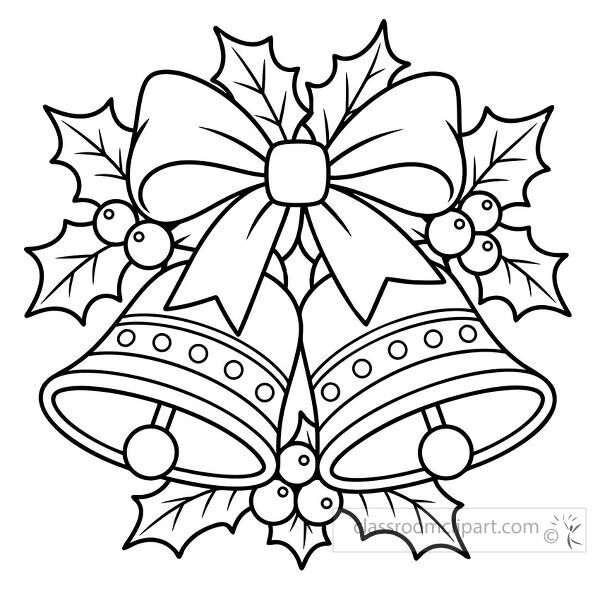 Black and white coloring page of two Christmas bells with a large bow holly leaves berries and decorative details