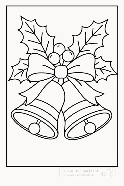 Festive bells decorated with holly berries and ribbon for Christmas coloring activity
