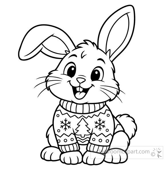 Black and white coloring page of a smiling bunny wearing a patterned winter sweater with snowflakes and a Christmas tree