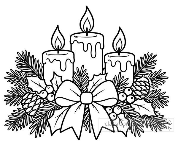Black and white coloring page of three Christmas candles with evergreen branches pinecones holly berries and a large bow