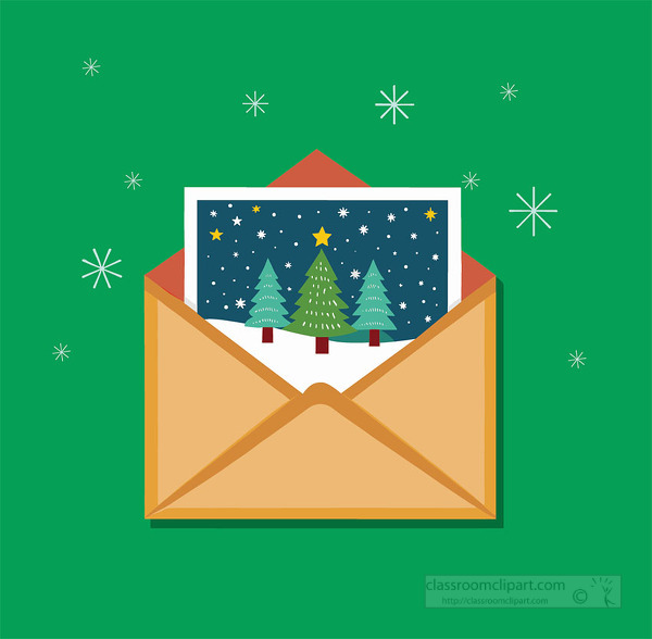 Brown envelope holding a christmas card with snowy night trees on a green background with snowflakes