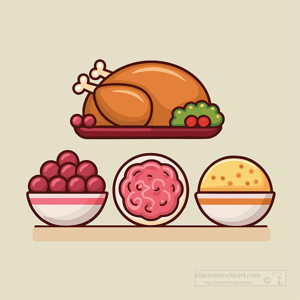 Festive roast turkey with holiday side dishes in cartoon style on a table