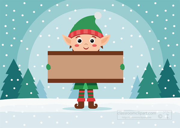 lf stands in the snow holding a blank wood sign with trees and falling snow