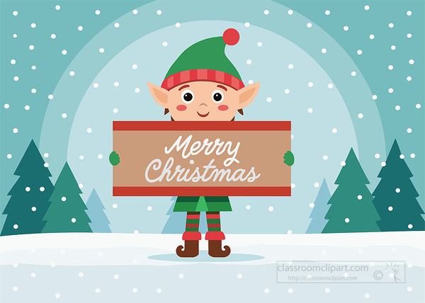A cheerful elf stands in the snow holding a merry Christmas sign with trees behind