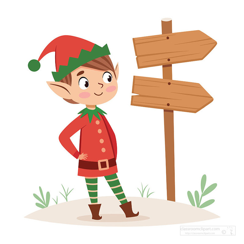 Cheerful Christmas elf in red tunic green hat and striped leggings stands beside a blank wooden signpost in a snowy clearing.