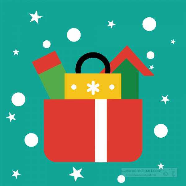 red Christmas bag filled with wrapped presents and surrounded by stars and snow