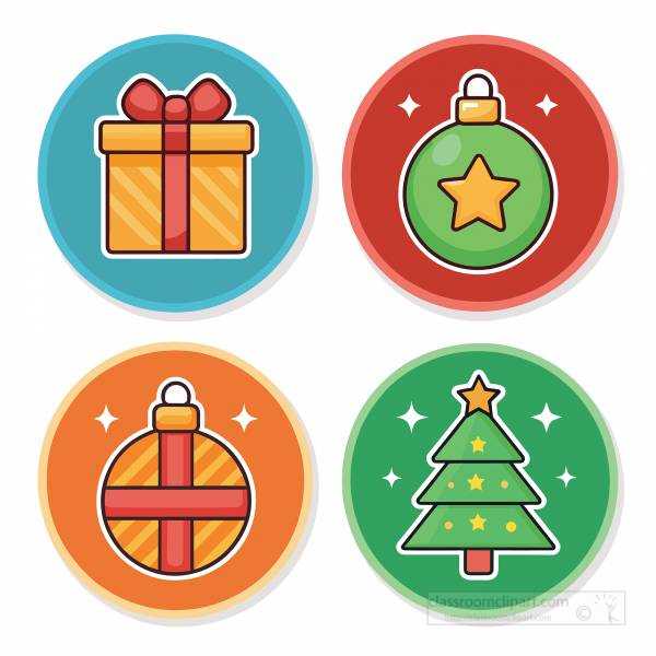 Set of colorful round Christmas icons with gift ornament and tree designs
