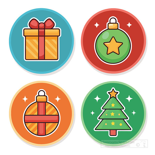 Set of colorful round Christmas icons with gift ornament and tree designs