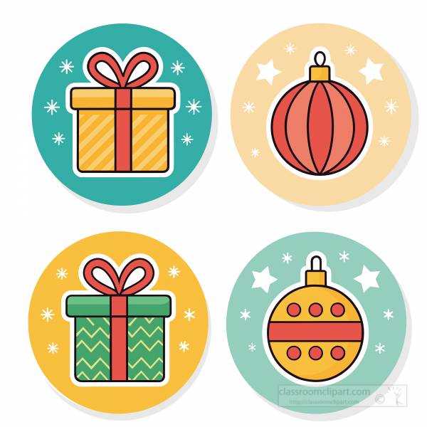 Decorative Christmas gift and ornament stickers in colorful round designs