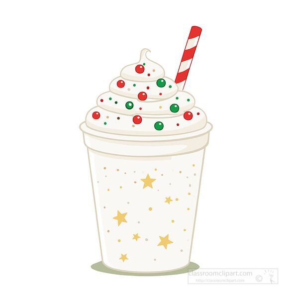 Festive milkshake topped with whipped cream holiday sprinkles and striped straw ideal for Christmas menus cozy cafe promotions and holiday art