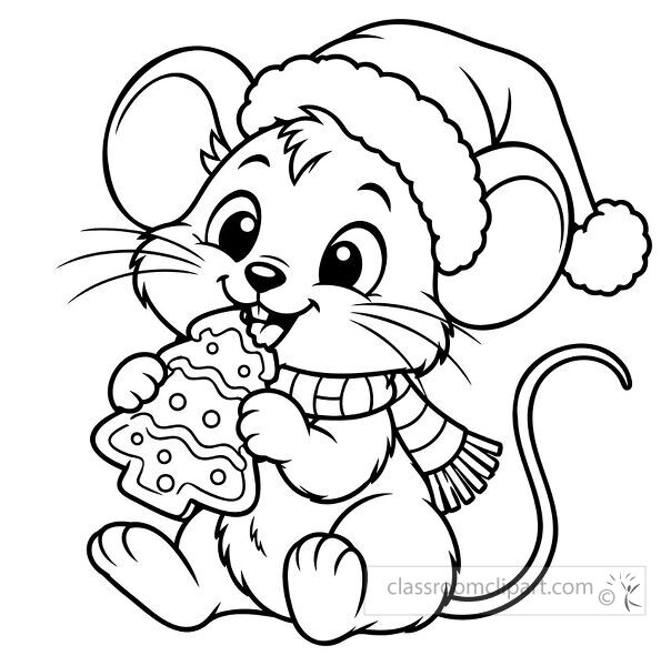 Black and white coloring page of a Christmas mouse wearing a Santa hat and scarf while eating a tree shaped cookie
