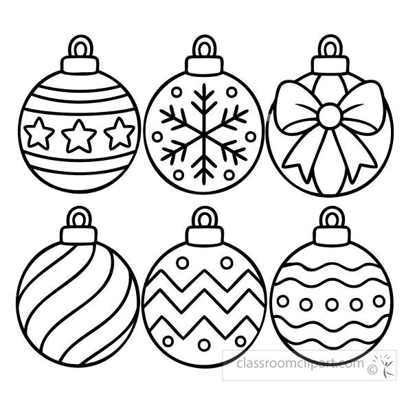 Black and white coloring page featuring six round Christmas ornaments with stars snowflake bow stripes and patterns