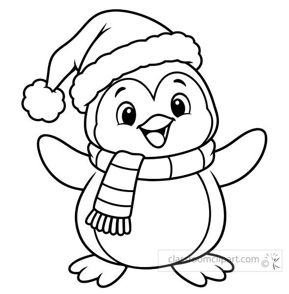Black and white coloring page of a cheerful penguin wearing a Santa hat and striped scarf with its wings raised