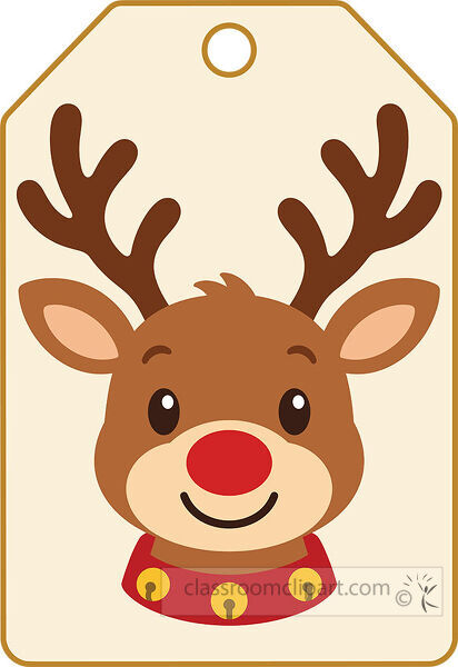 Christmas gift tag featuring a smiling brown reindeer with large antlers a bright red nose and three golden bells