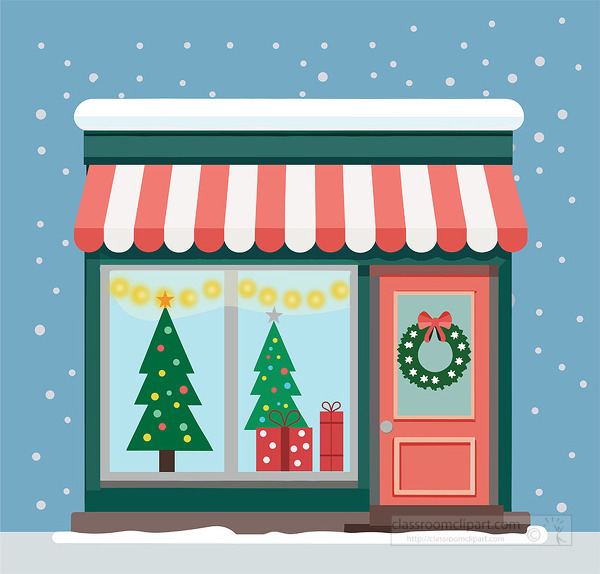 Festive Christmas shop storefront decorated with a tree gifts and a wreath with falling snow