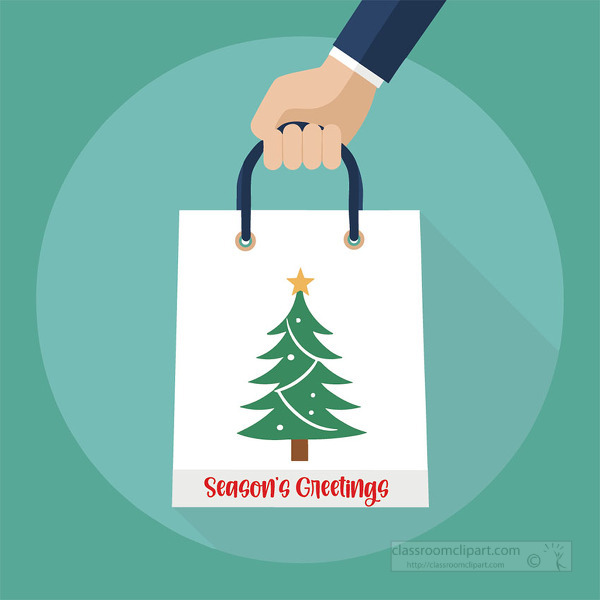 Hand holding a white shopping bag decorated with a christmas tree and seasons greetings text on a teal circle background
