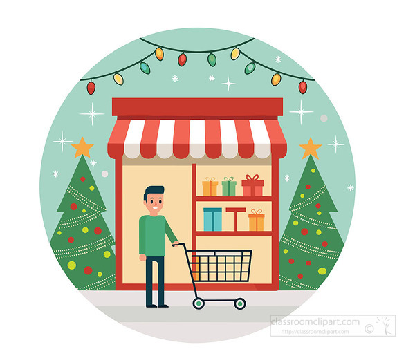 Man with shopping cart outside decorated store with Christmas trees and holiday lights