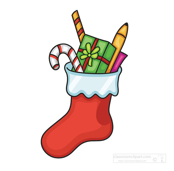 bright red Christmas stocking is filled with wrapped gifts candy cane and colorful pencils. The playful design