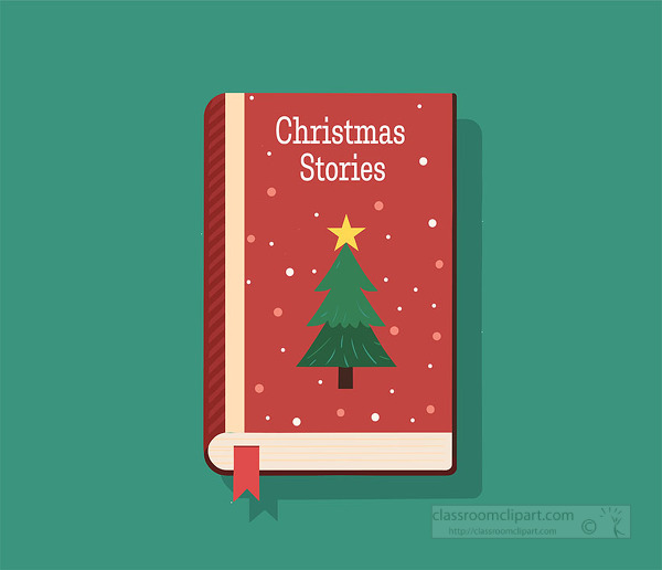 Closed red christmas stories book with decorated tree and star on the cover against a teal background