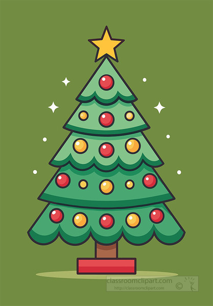 A decorated Christmas tree with red ornaments yellow lights and a bright star topper