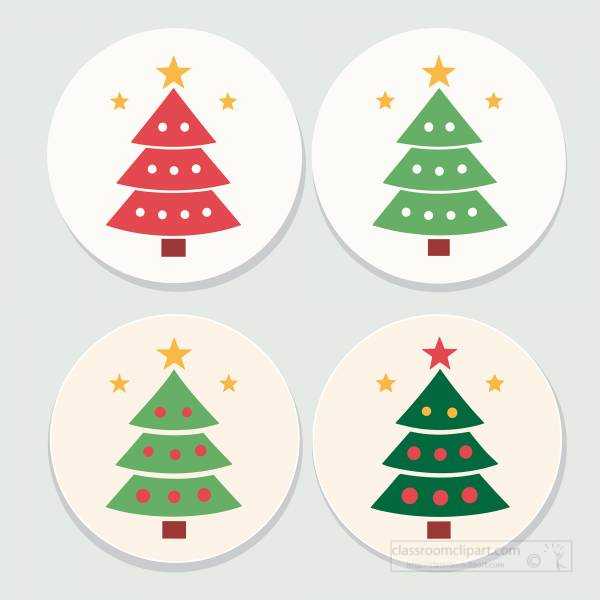 Cute Christmas tree designs inside round badges with stars and ornaments