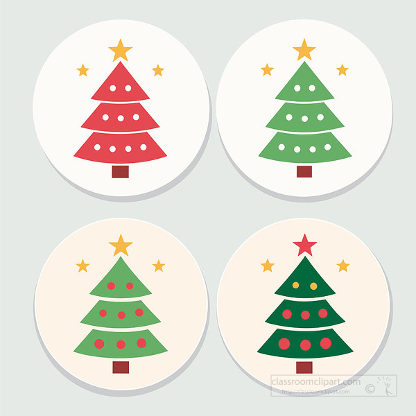 Cute Christmas tree designs inside round badges with stars and ornaments
