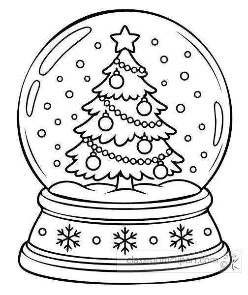 Black and white coloring page of a Christmas tree inside a snow globe with ornaments falling snow and snowflake details