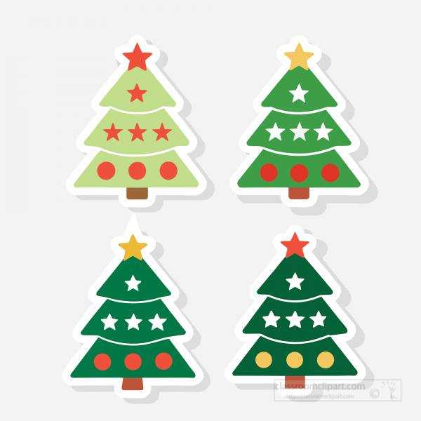 Four Christmas tree sticker designs with colorful stars and ornaments