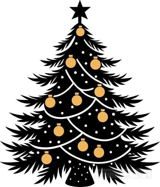Black silhouette Christmas tree decorated with gold ornaments and a star on top