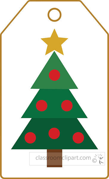 Christmas gift tag with a layered green tree decorated with six red ornaments and a gold star inside a gold outlined tag