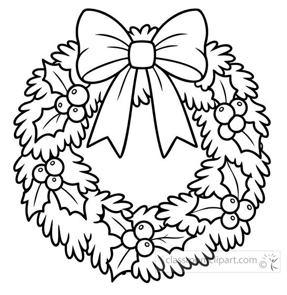 Black and white coloring page of a Christmas wreath with evergreen branches holly berries and a large decorative bow