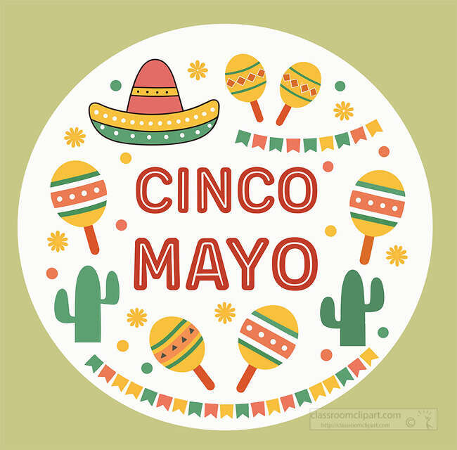 A festive Cinco Mayo badge with maracas sombrero cacti and bunting brings bright holiday energy to celebration pages
