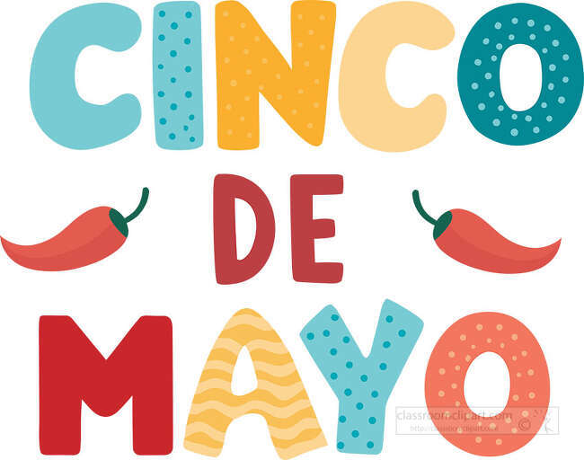 Colorful Cinco de Mayo text with dotted and wavy patterned letters and red chili peppers on a white background