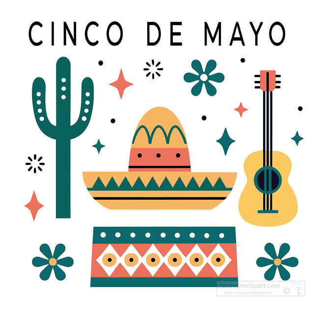 Cinco de Mayo text above a decorated sombrero cactus guitar flowers stars and patterned blanket on a white background