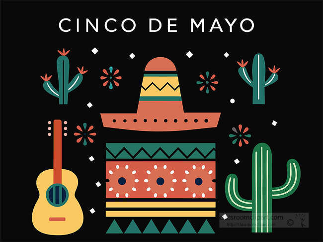 Cinco de Mayo poster on a black background with a sombrero cactus guitar flowers and colorful geometric decorations