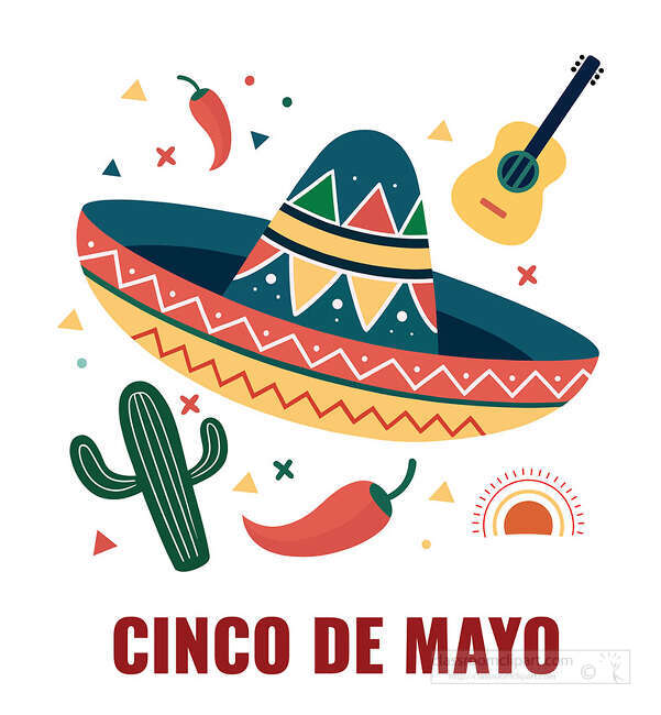 Large decorated sombrero with chili peppers cactus guitar confetti sun and Cinco de Mayo text on a white background