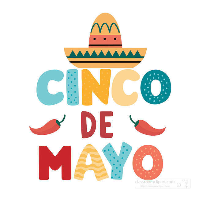 Colorful Cinco de Mayo text with a decorated sombrero and red chili peppers on a white background