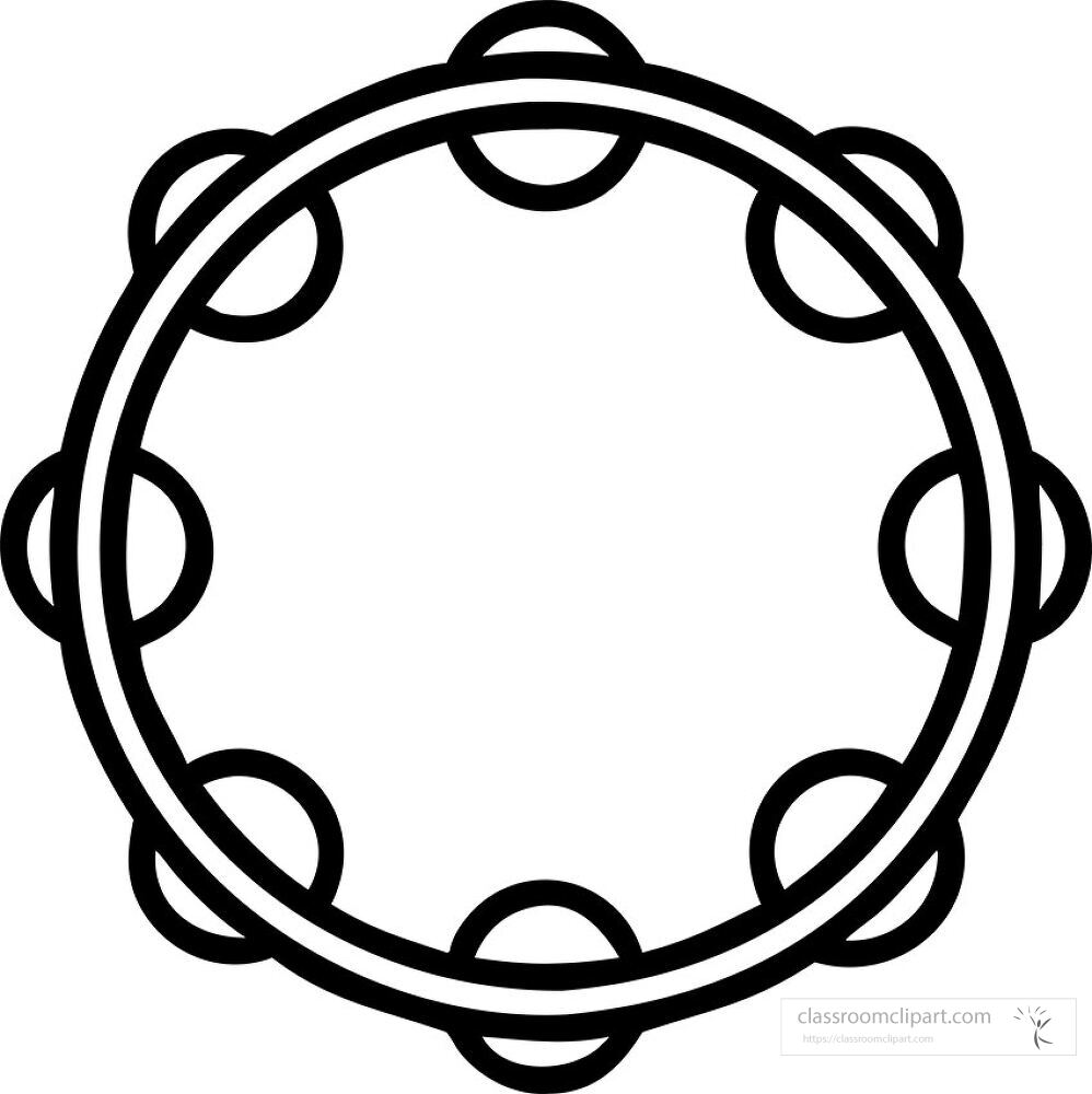 This graphic features a simple line drawing of a circle shaped tambourine with evenly spaced jingles around the edge The design is suitable for various creative projects