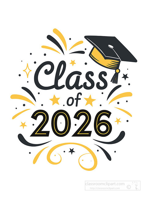 Festive class of 2026 graduation design with a graduation cap stars swirls and celebratory fireworks accents