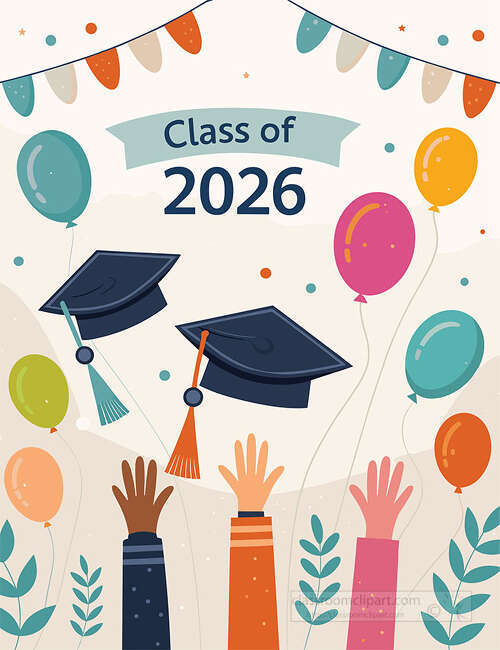 Class of 2026 graduation scene with tossed caps raised hands balloons bunting and leafy decorations