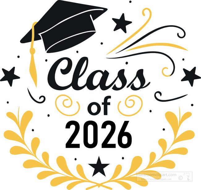 Decorative graduation typography clipart with class of 2026 text a mortarboard cap stars swirls and ornamental flourishes for school celebration designs Clipart