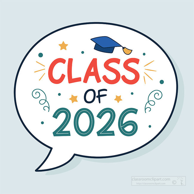 Modern graduation graphic with class of 2026 lettering inside a speech bubble with stars and cap accents